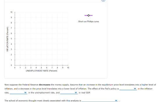10 9 Short run Phillips curve 8 INFLATION RATE (Percent) قيا 2 1 0 9 10 2 3 4 5 6 7 8 UNEMPLOYMENT RATE (Percent) Now suppose