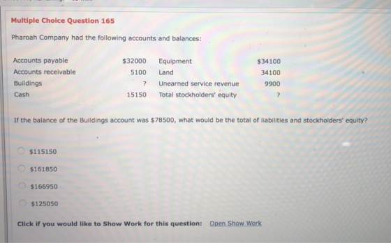 Multiple Choice Question 165 Pharoah Company had the following accounts and balances: $34100 $32000 5100 34100 Accounts payab