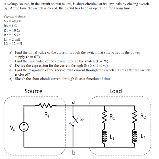 A voltage source, in the circuit shown below, is short-circuited at its terminals by closing switch Si. At the time the switch is closed, the circuit has been in operation for a long time. Circuit values. Vs- 480 V Rs-1 S RI 10 ? R2 15? L1-2 mH L2-12 mH a) Find the initial value of the current through the switch that short-circuits the power supply (t0+) b) Find the final value of the current through the switch (t - co) c) Derive the expression for the current through Si (0 <t s o) d) Find the magnitude of the short-circuit current through the switch 100 ms after the switch is closed? Sketch the short circuit current through Si as a function of time. e) Source Load 1