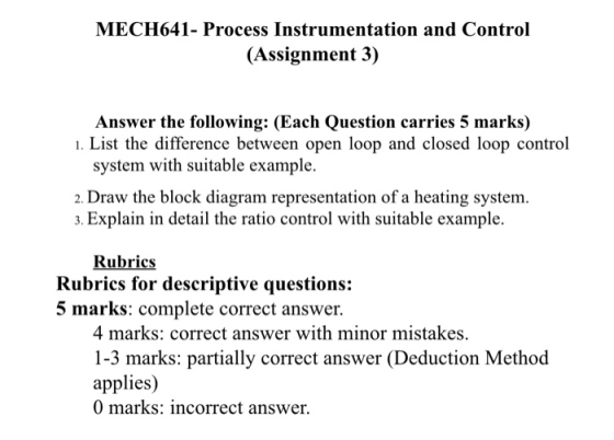 MECH641- Process Instrumentation and Control (Assignment 3) Answer the following: (Each Question carries 5 marks) 1. List the