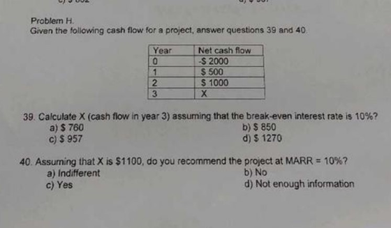 UV JU Problem H Given the following cash flow for a project, answer questions 39 and 40. Year 10 Net cash flow 1-S 2000 $ 500