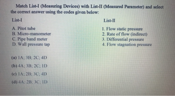 Match List-I (Measuring Devices) with List-II (Measured Parameter) and select the correct answer using the codes given below: