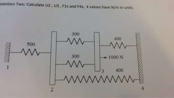 uestion Two: Calculate U2, U3, F1x and F4x, k values have N/m in units. 300 400 500 300 1000N 3 400 4