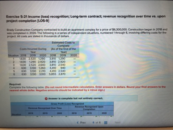 Exercise 5-21 Income (loss) recognition; Long-term contract; revenue recognition over time vs. upon project completion (LO5-9