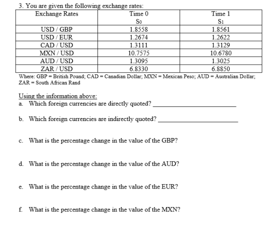 3. You are given the following exchange rates: Exchange Rates Time 0 Time 1 So Si USD / GBP 1.8558 1.8561 USD/EUR 1.2674 1.26