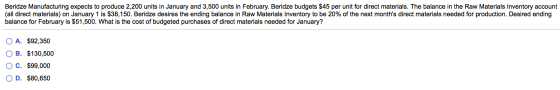 Beridze Manufacturing expects to produce 2,200 units in January and 3,500 units in February. Beridze budgets $45 per unit for