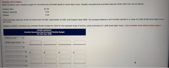 Exercise 10-3 (Video) Myers Company uses a flexible budget for manufacturing overhead based on direct labor hours. Variable m