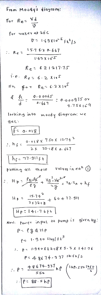 From Moodyš diagra m: For Re: Vd Re- 62 1 217-7S . o o06 667 ะ o.ooo3ISOY Iaekins in+ moody diajram get 0.018× 7S0X 15742