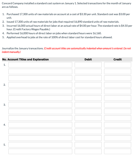 Concord Company installed a standard cost system on January 1. Selected transactions for the month of January are as follows.