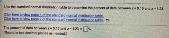 Use the standard normal distribution table to determine the percent of data between z=0.15 and z= 1.23. Click here to view pa