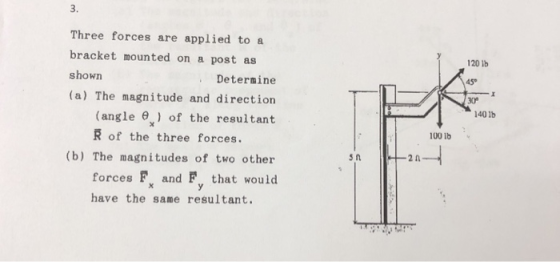 3. Three forces are applied to a bracket mounted on a post as shown (a) The magnitude and direction 120 lb 45° 30° Determine 140 1b (angle θ ) of the resultant R of the three forces. 100 1b (b) The magnitudes of two other forces F and F that would have the same resultant.