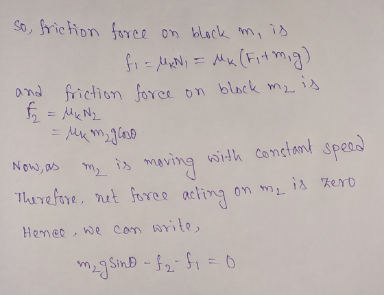So, friction force on block mi is fr = M, N, = Mx (Fitmig) friction force on block me is and f = MkN2 Mx m, gloso Now, as my