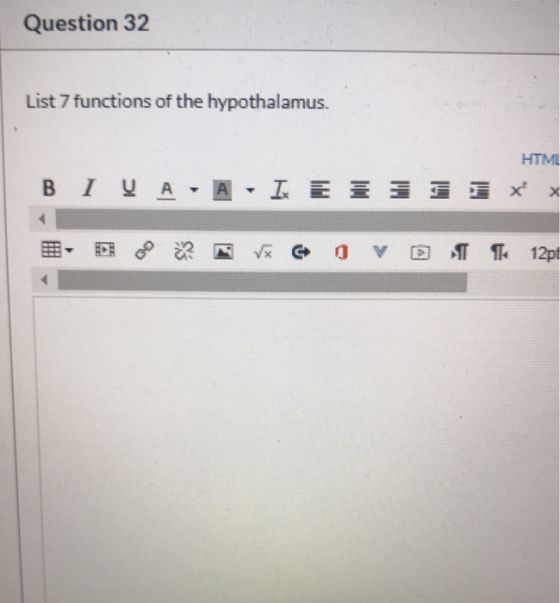Question 32 List 7 functions of the hypothalamus. HTML B I VA - A - I E III IX 00 GOV Of 12pt
