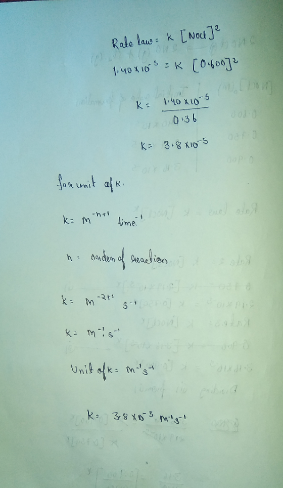 Rate law = k [Nod]² 1140 x10 SEK [0.60072 K= 1.40 x10-5 Ora 0 136 0313 K= 3.8x10-5 DOPO for mit afk. end det k=mn times sont