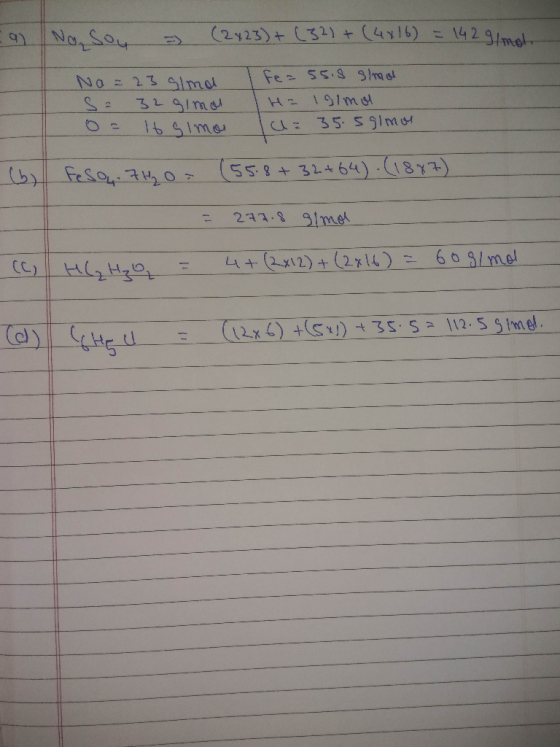 Fan No Soy = (2x23) + (32) + (4x16) = 14291 met Na = 23 sind S = 32 simo 0= 16 simos fe= 55.8 slne H = 19lmo al = 35.5 gimon