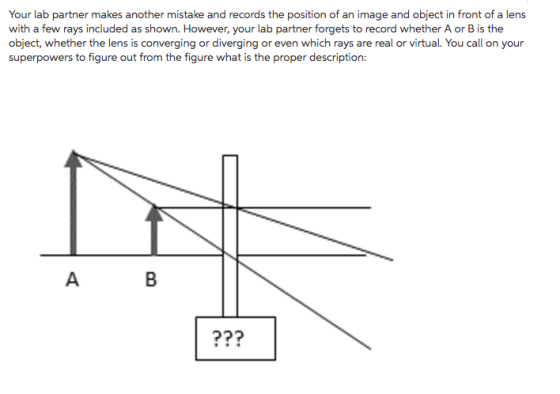 Your lab partner makes another mistake and records the position of an image and object in front of a lens with a few rays included as shown. However, your lab partner forgets to record whether A or B is the superpowers to figure out from the figure what is the proper description: