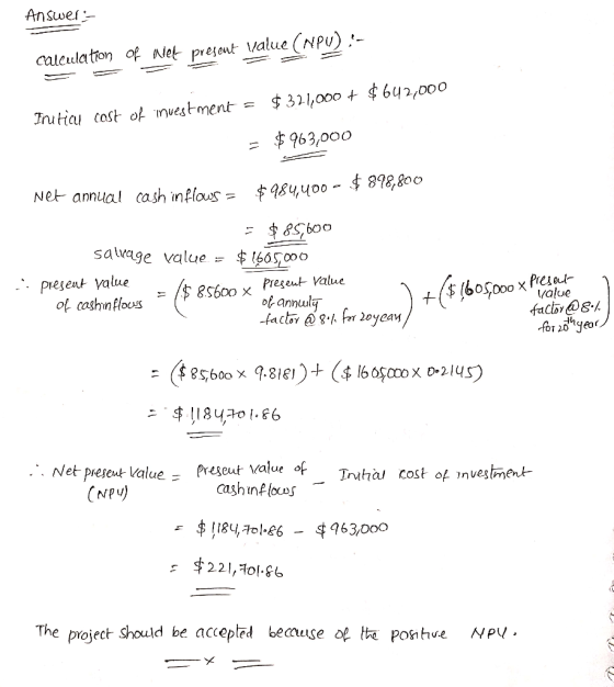 Answers calculation of Web present value (NPU).- $321,000 + $ 642,000 Initicu cast of investment = = $963,000 $984,400 - $ 8