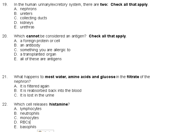 19. In the human urinary/excretory system, there are two: Check all that apply. A. nephrons B. ureters C. collecting ducts D.