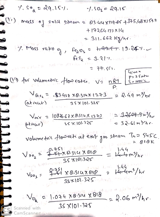 s 9911 ILI Yo sod? 29.15.1. 7.504F 29.15 mass of solid Stream = 03.44x119.95 +375,48X159.7 +17264.133X14 2 311.662 Kg/nr. 7.
