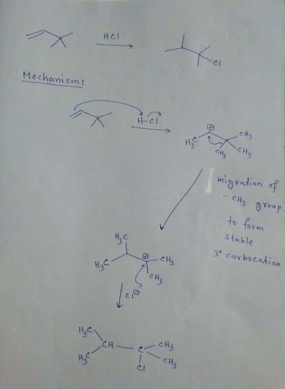 HCl Mechanism: -CH3 CH₂ migration of - CH3 group to form stable 30 carbocation WI -CH₃ SCH er ets - CH₂