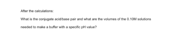 After the calculations: What is the conjugate acid/base pair and what are the volumes of the 0.10M solutions needed to make a