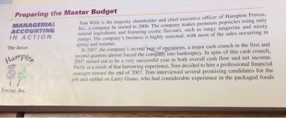 Preparing the Master Budget MANAGERIAL Tom Wills is the majority shareholder and chief executive officer of Hampton Freeze, A