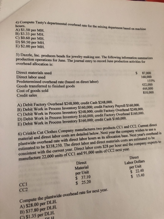 Compute Tastys departmental overhead rate for the mixing department based on machine hours. A) $1.50 per MH. B) $3.33 per MH