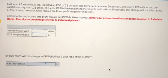 Last year, K9 WebbWear, Inc. reported an ROE of 22 percent. The firms debt ratio was 50 percent, sales were $20 million, and