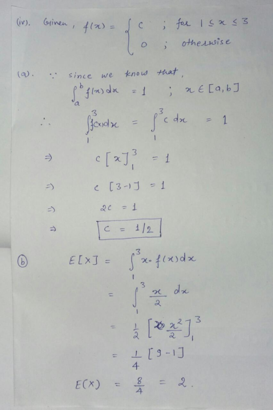 (iv). Grinen, f(x)=se ; for Isa<3 otherwise (9). .. since we know po flas da = 1 that ; ne [a, b] Spendre - Sade - e [3-15 =