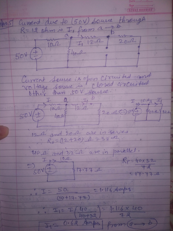 Date Page STUDY BUDDIES Aus 5 Cussent due to (500) source through R = 12 ohm is I from ab mm lor 202 I 12-2 hone 500 Current