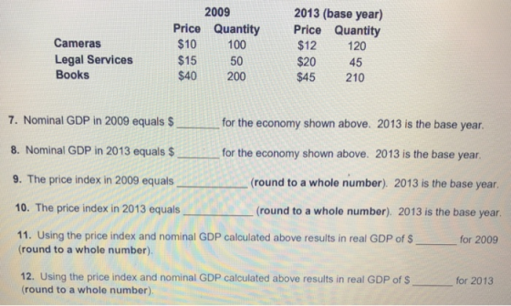 2009 2013 (base year) Price Quantity Price Quantity Cameras Legal Services Books $10 100 $15 50 $40 200 $12 120 $20 45 $45 210 7. Nominal GDP in 2009 equals $ for the economy shown above. 2013 is the base year. 8. Nominal GDP in 2013 equals for the economy shown above. 2013 is the base year. t price index in 2009 equals 9. The ound to a whole number). 2013 is the base year 10. The price index in 2013 equals(round to a whole number) 2013 is the base year 11. Using the price index and nominal GDP calculated above results in real GDP of S for 2009 round to a whole number). 12. Using the price index and nominal GDP calculated above results in real GDP of $ for 2013 (round to a whole number)