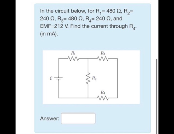 In the circuit below, for R = 480 N, R = 240 2, Rz= 480 12, RA= 240 12, and EMF=212 V. Find the current through R. (in mA). R