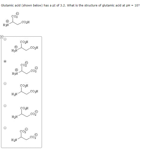 Glutamic acid (shown below) has a pI of 3.2. What is the structure of glutamic acid at pH = 10? O2 C2H НEN сон .Соон HзN НзN