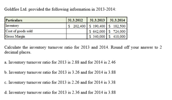 Goldfire Ltd. provided the following information in 2013-2014: 31.3.2012 S 202.400 Particulars Inventory Cost of goods sold G