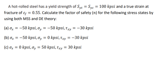 A hot-rolled steel has a yield strength of Syt = Syc = 100 kpsi and a true strain at fracture of & = 0.55. Calculate the fact