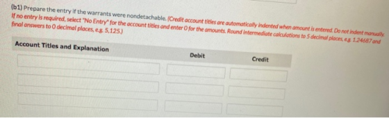 (61) Prepare the entry if the warrants were nondetachable. (Credit account titles are automatically indented when amount is e