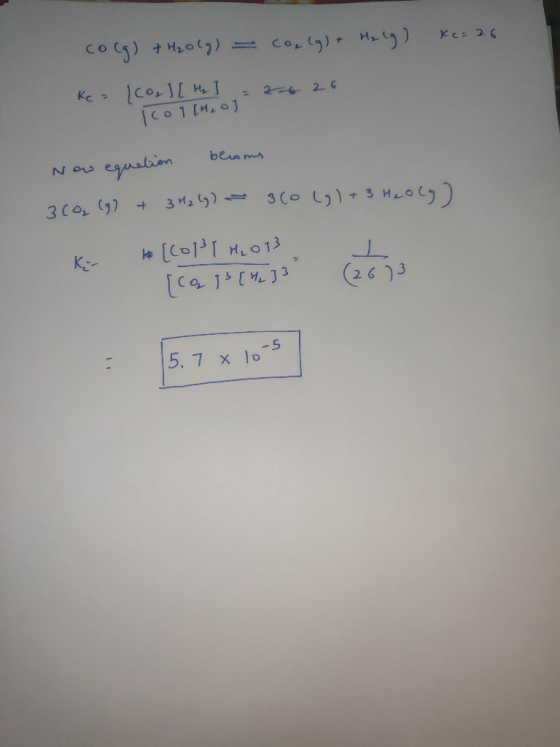 Colg) + H2O(g) = co, lg) + H₂(g) Xe: 26 Kc = [co] [ My I = 226 26 col[H₂o Now equation becoms 360, (g) + 3H2(g) = 360 (g) + 3