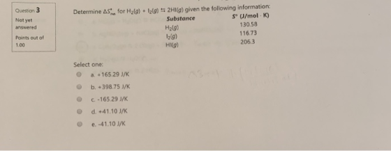 Determine AS Question 3 Not yet answered for Halo) + 1200) 52HI(g) given the following information: Substance Sº (J/mol K) H2