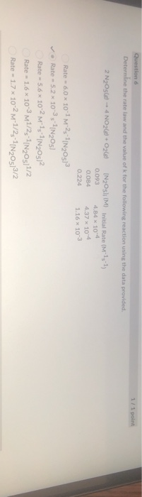 Question Determine the rate law and the value of k for the following reaction using the data provided. 1/1 point 2 N2O5 - 4 N