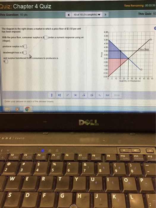 Quiz: Chapter 4 Quiz This Question: 10 pts Time Remaining: 0003.39 100t 10 (9 corrplete) ▼ This Quiz: 10 The diagram to the right shows a market in which a price floor of $3.50 per unit has been imposed 6 00 With the price floor, consumer surplus is S□(enteranurmenc response using an 4.50 4“ producer surplus is S deadweight loss is s and surplus transferred from consumers to producers is e floor 300 2 50 00061 20 25 30 58 Quantty (n thousands) Enter your answer in each of the answer boxes DOLL UDE E641o FS FB F9 F10 F11 F12 5 6 7 8 W E O P