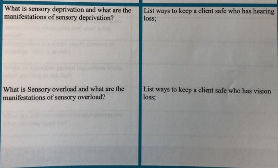 What is sensory deprivation and what are the manifestations of sensory deprivation? List ways to keep a client safe who has h