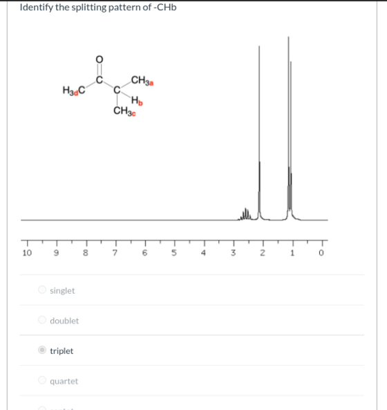 Identify the splitting pattern of -CHb H3C CH3a нь CH3c 10 00 - -M 9 7 6 5 4 NE 1 0 singlet doublet triplet quartet