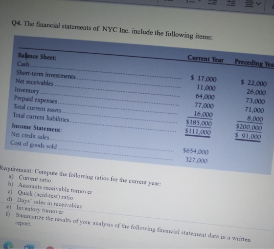 LE loli Q4. The financial statements of NYC Inc. include the following items: Current Year Preceding Yea Balance Sheet: Cash.