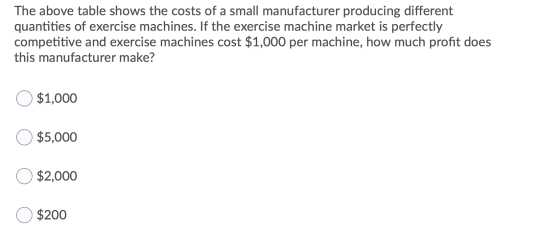 The above table shows the costs of a small manufacturer producing different quantities of exercise machines. If the exercise