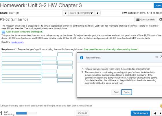 Homework: Unit 3-2 HW Chapter 3 Save Score: 0 of 1 pt 6 of 7 (4 complete) HW Score: 51.07%, 5.11 of 10 pt P3-52 (similar to)