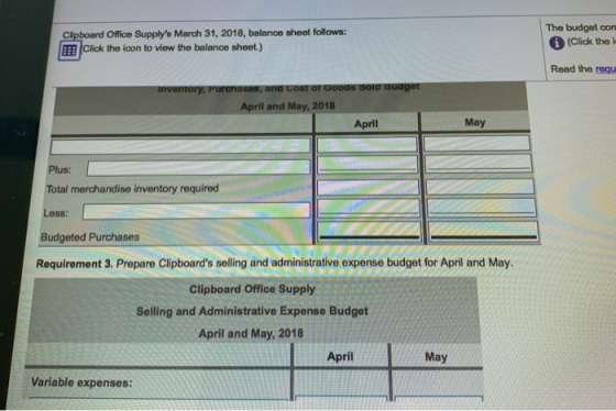Clipboard Office Supplys March 31, 2018, balance sheet follows: Click the icon to view the balance sheet.) The budget con (C