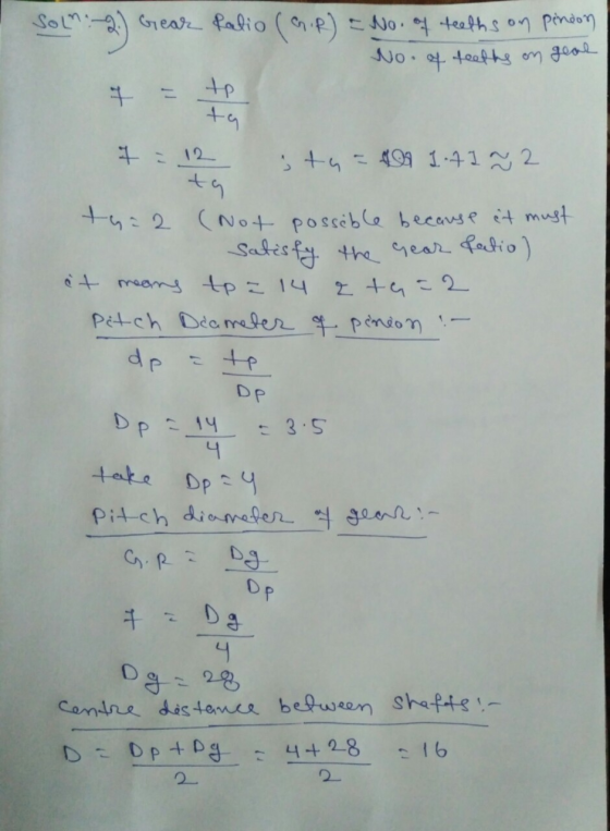 Solm: 2.) Gear Ratio (GR) = No. of teeths on pinion No. of teeths on geol & - 12 itu = 400 1.41 ~ 2 th: 2 (Not possible becau