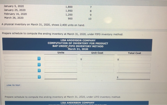 January 5, 2020 January 25, 2020 February 16, 2020 March 26, 2020 1,800 1,950 1,200 900 A physical inventory on March 31, 202