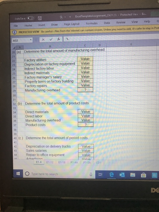 AutoSave 30A Excel Template Assignment Chor () Protected View Ex File Home Insert Draw P age Layout Formulas Data Review View
