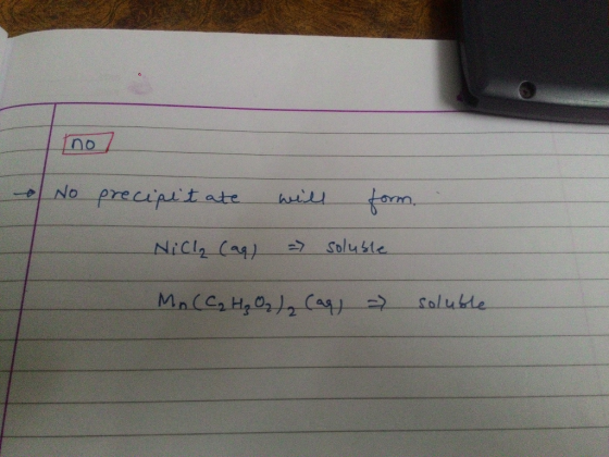 [no] No precipitate will form. NiCl (aq) = soluble Mn (C₂ H₂O₂) Cags - soluble